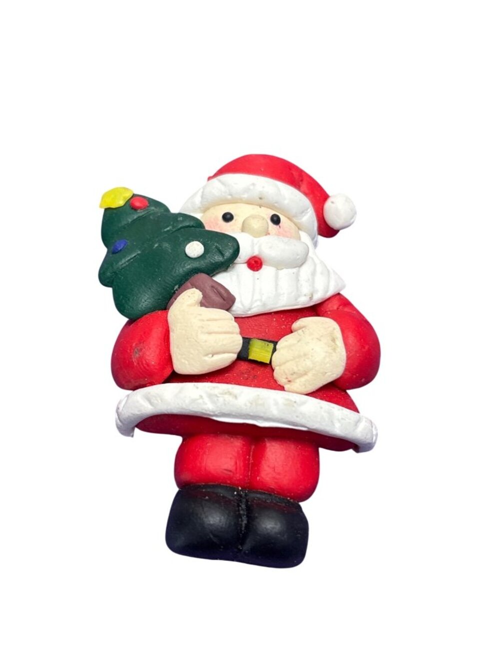 Vintage Clay Santa Claus Brooch Pin Christmas Tree 2.5 inches